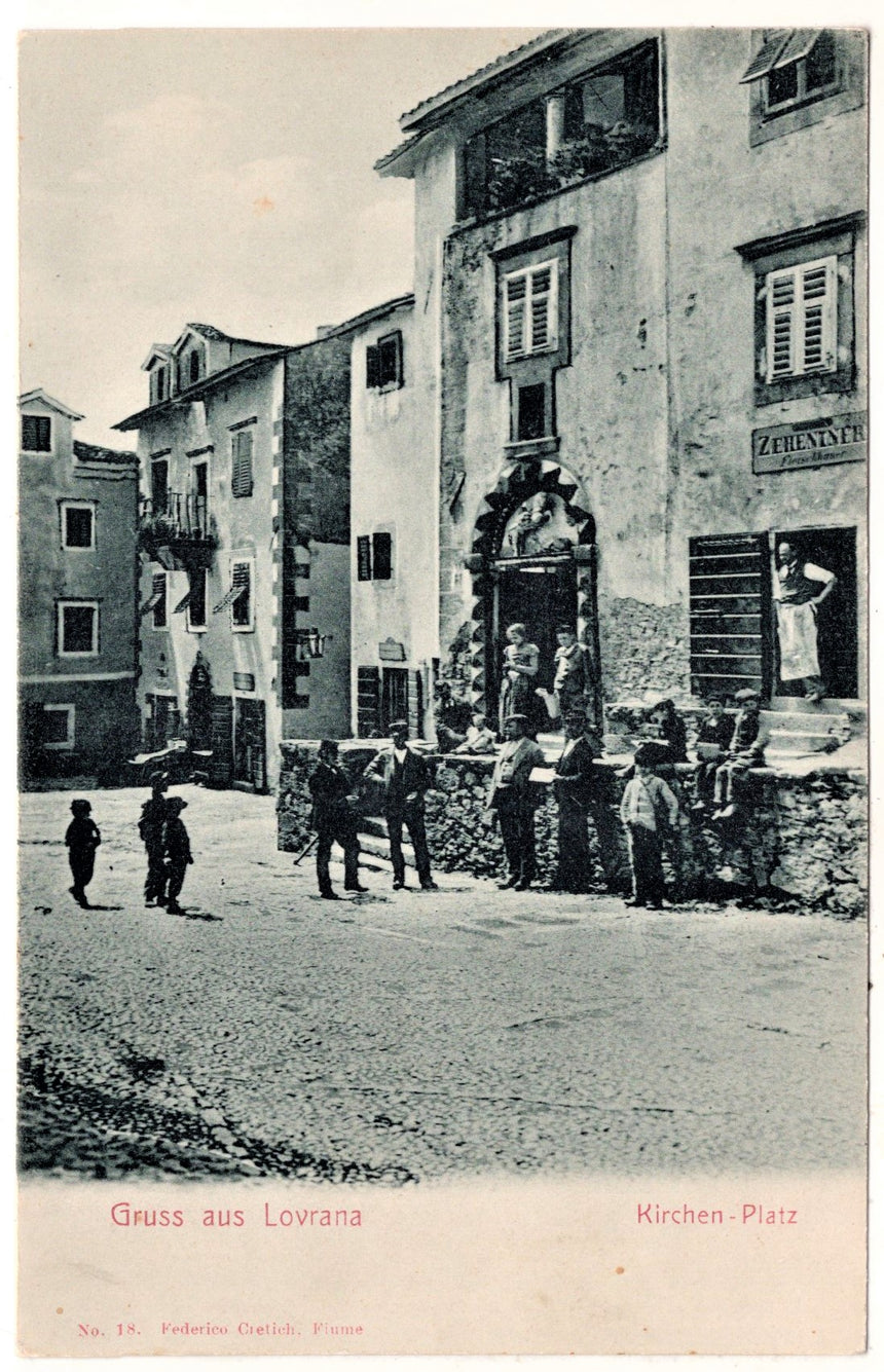 Cartolina antica Lovrana Gruss aus Lovrana Kirche Platz Istria Croazia