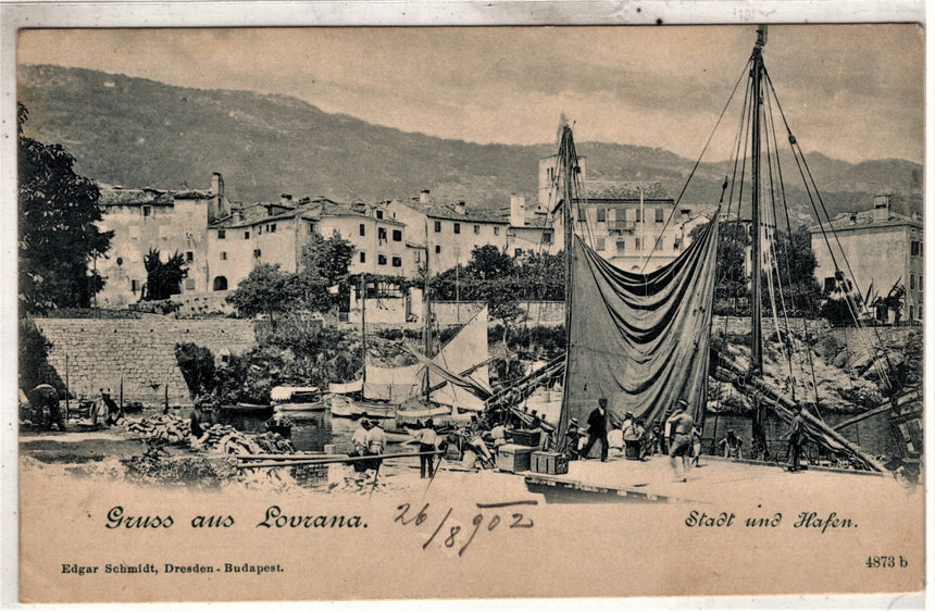 Cartolina antica Lovrana Gruss aus Lovrana Stat und Hafen Istria Croazia