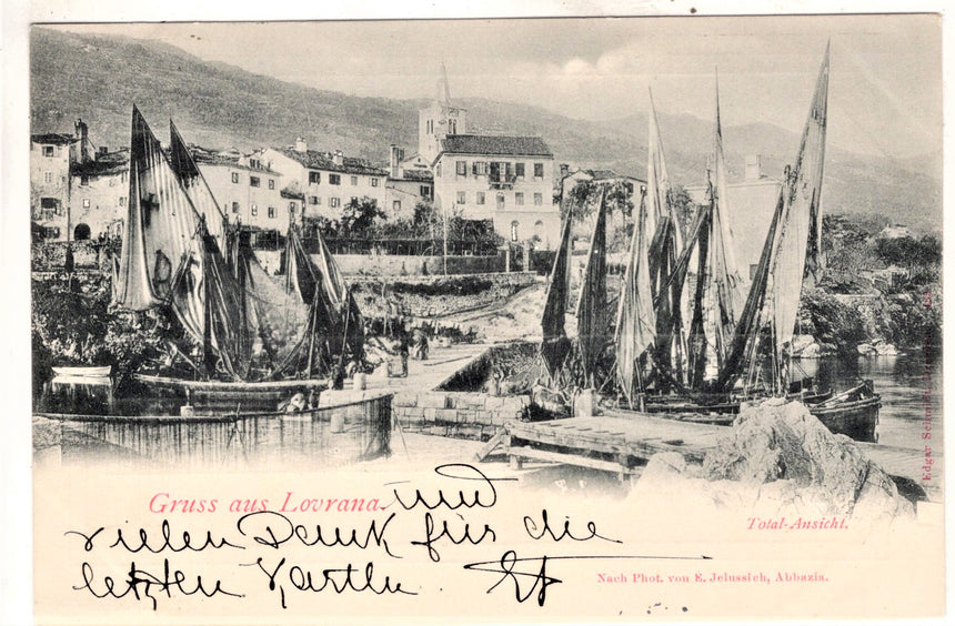 Cartolina antica Lovrana Gruss aus Lovrana total Ansicht Croazia