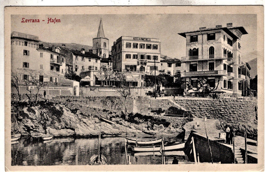 Cartolina antica Lovrana Hafen Hotel Konicvilla Croazia