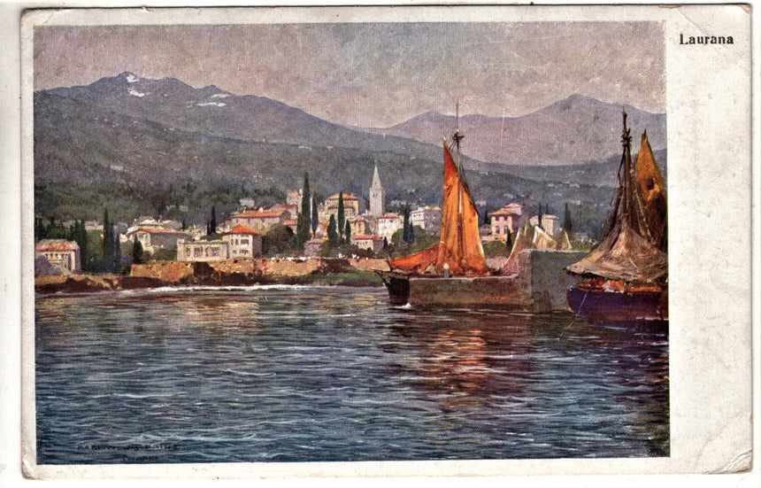 Cartolina antica Lovrana panorama Istria Croazia