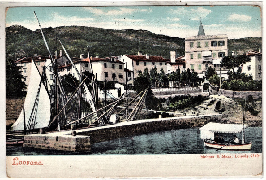 Cartolina antica Lovrana panorama del porto Istria Croazia
