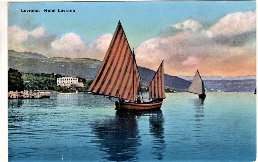 Cartolina antica Lovrana panorama e Hotel Lovrana Istria Croazia