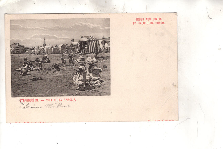 Cartolina antica Grado Gruss aus Grado Croazia vita sulla spiaggia