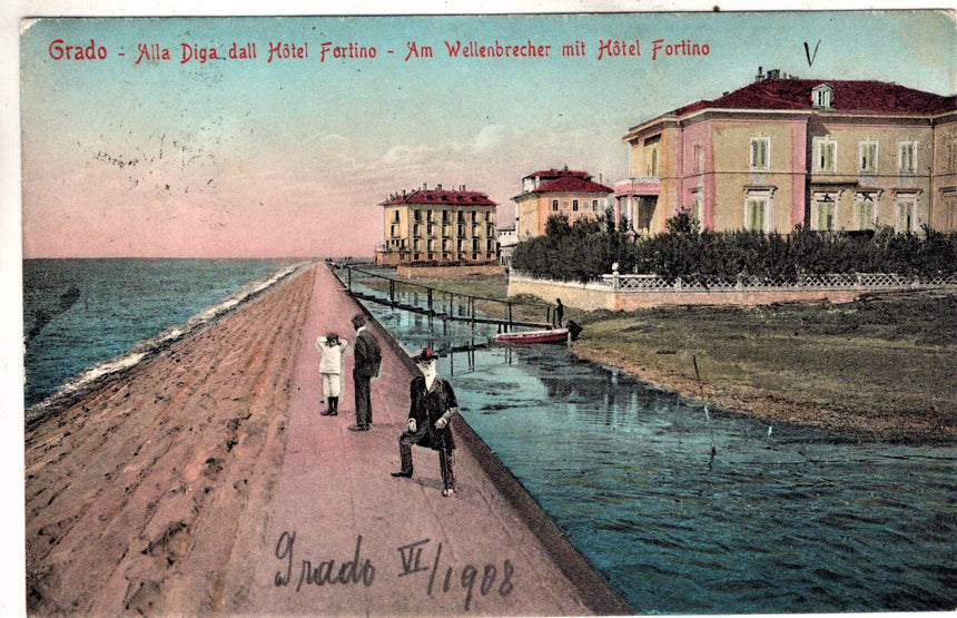 Cartolina antica Grado alla diga dell Hotel Fortino Croazia