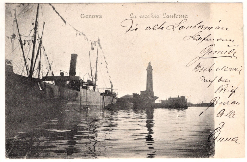 Cartolina antica Genova il porto la vecchia lanterna