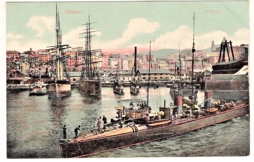 Cartolina antica Genova il porto con navi