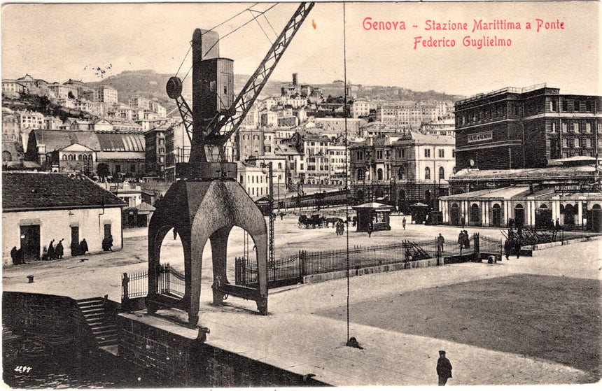 Cartolina antica Genova il porto con stazione marittima