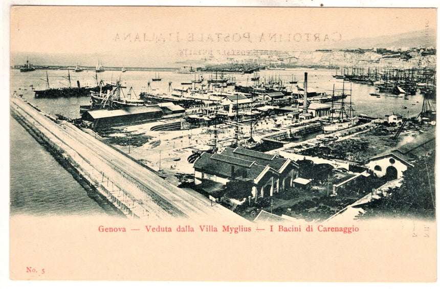 Cartolina antica Genova dalla villa Myglius i bacini di carenaggio
