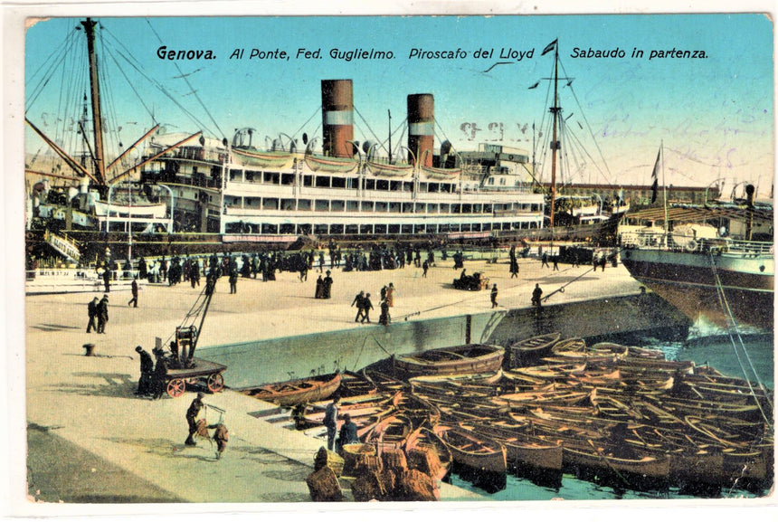 Cartolina antica Genova ponte F. Guglielmo piroscafo Sabaudo in partenza