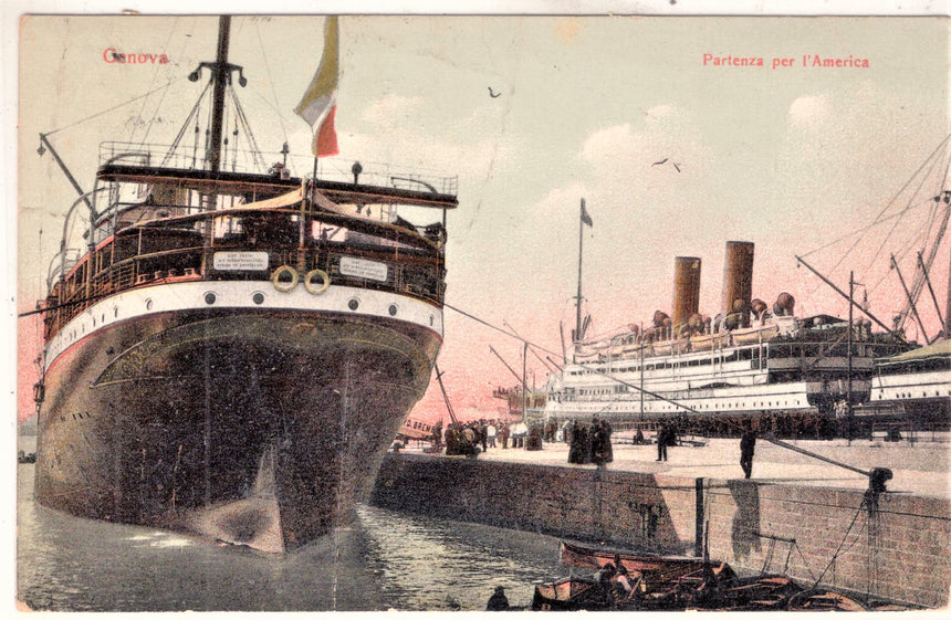 Cartolina antica Genova il porto navi in partenza per America