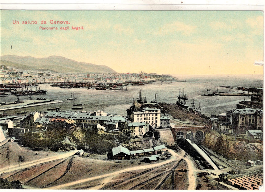 Cartolina antica Genova un saluto panorama dagli Angeli