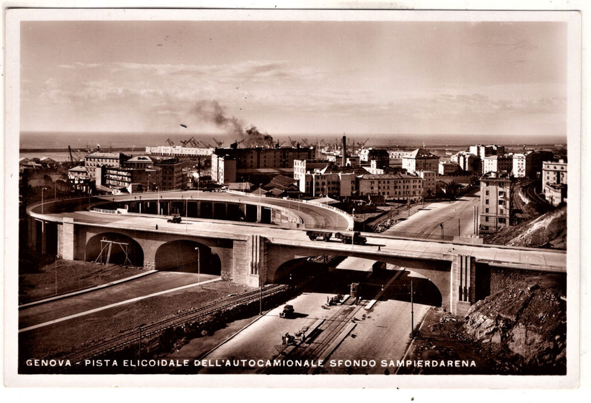 Cartolina antica Genova pista elicoidale e Sanpierdarena