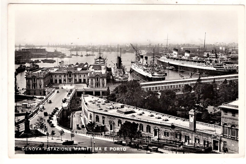 Cartolina antica Genova stazione marittima e porto
