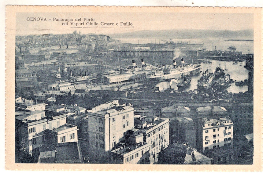 Cartolina antica Genova navi Giulio Cesare e Duilio in porto
