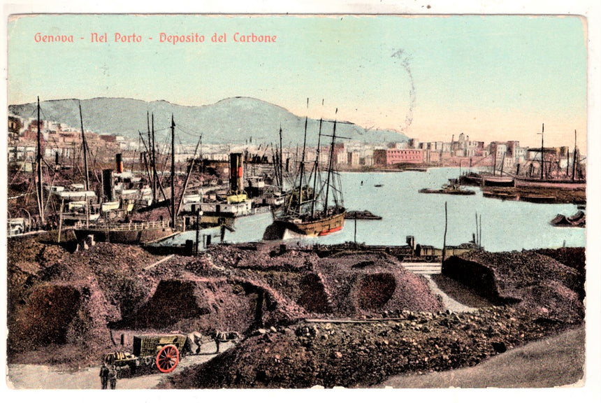 Cartolina antica Genova il porto deposito di carbone