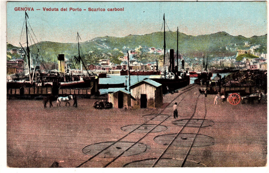Cartolina antica Genova il porto scarico di carbone