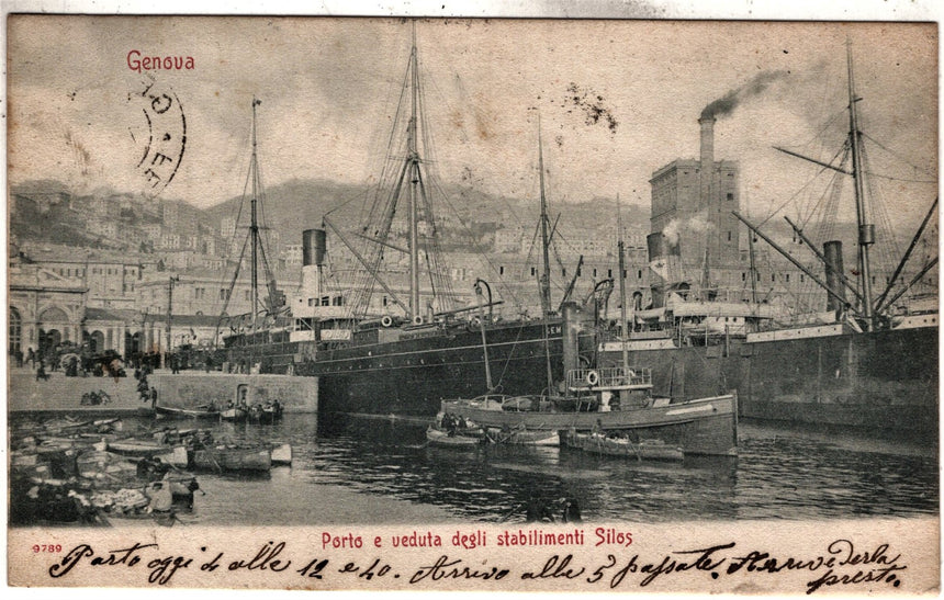 Cartolina antica Genova porto e veduta stabilimenti silos