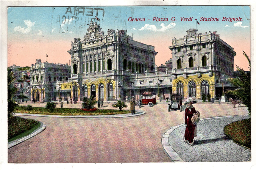 Cartolina antica Genova piazza Verdi e stazione Brignole