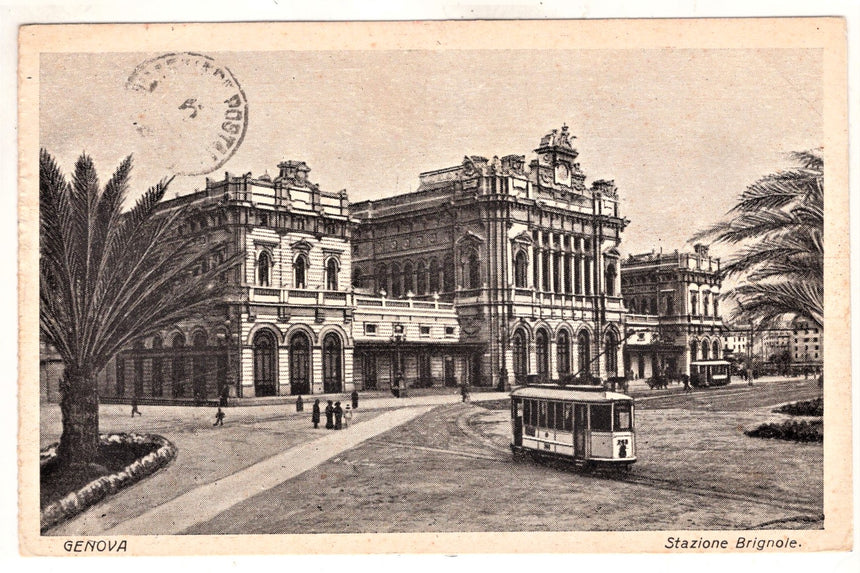 Cartolina antica Genova stazione Brignole spedita da Francia per Roma