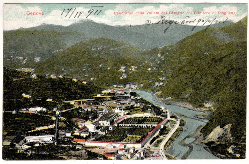 Cartolina antica Genova panorama del Bisagno e cimitero di Staglieno