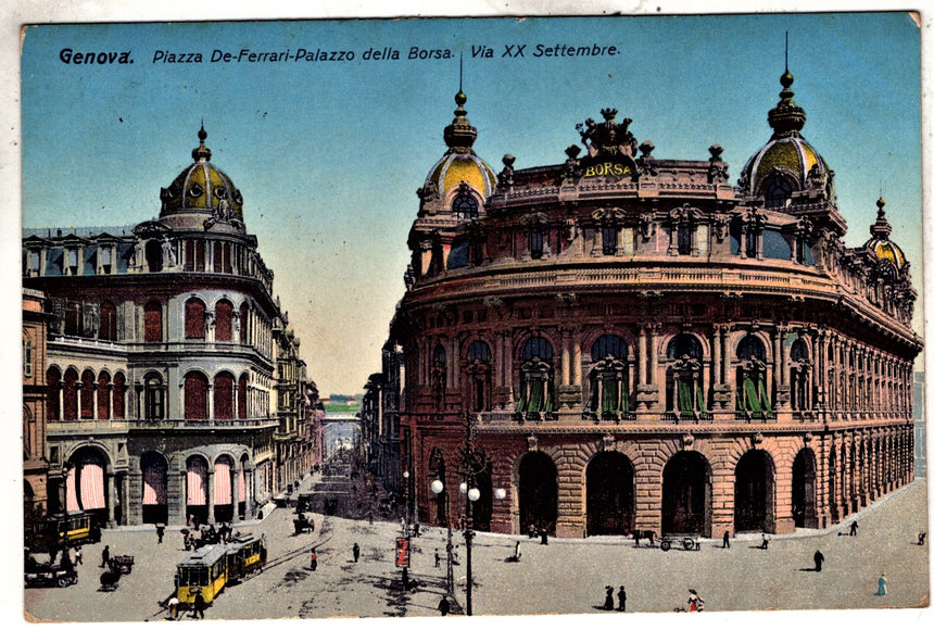 Cartolina antica Genova piazza De Ferrari via settembre pall. Della Borsa