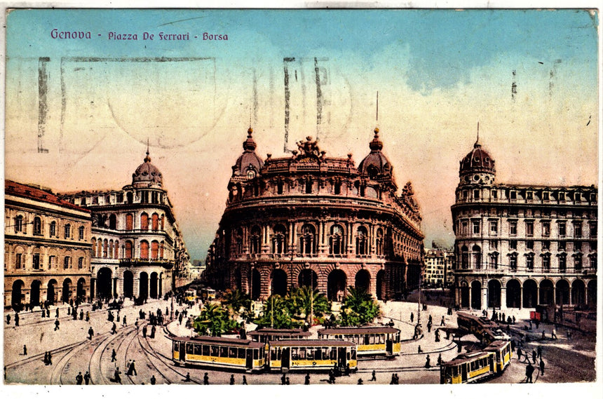 Cartolina antica Genova piazza De Ferrari e Borsa sped. A Pallanza