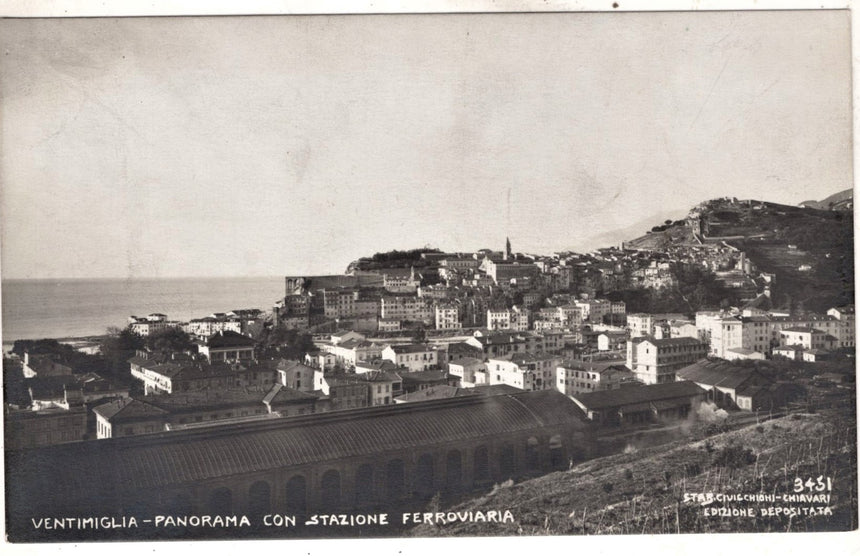 Cartolina antica Ventimiglia panorama e stazione ferr. Foto Civicchioni