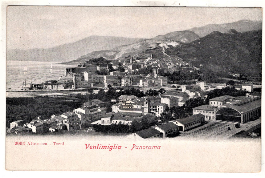 Cartolina antica Ventimiglia panorama e stazione ferr.