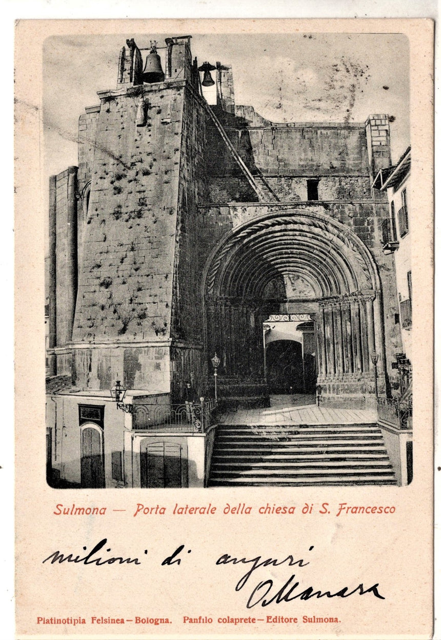 Cartolina antica Sulmona Aquila porta della chies