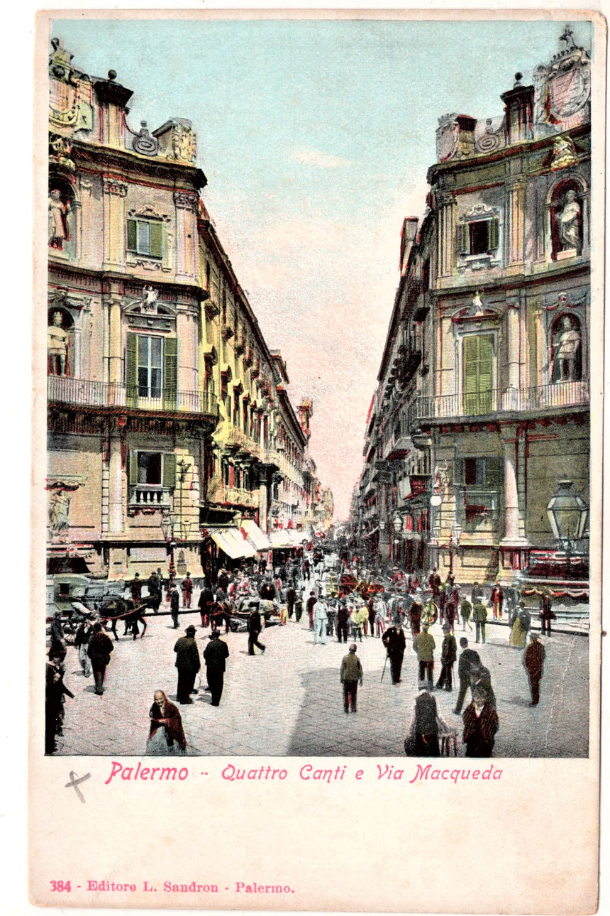 Cartolina antica Palermo Quattro Canti e via Macqueda