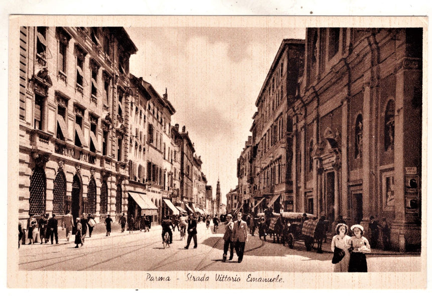 Cartolina antica Parma strada V. Emanuele scritta in tedesco viag. In busta