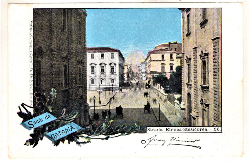 Cartolina antica Catania saluti strada Etenea Stesicorea