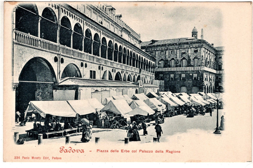 Cartolina antica Padova piazza delle erbe e palazzo regione