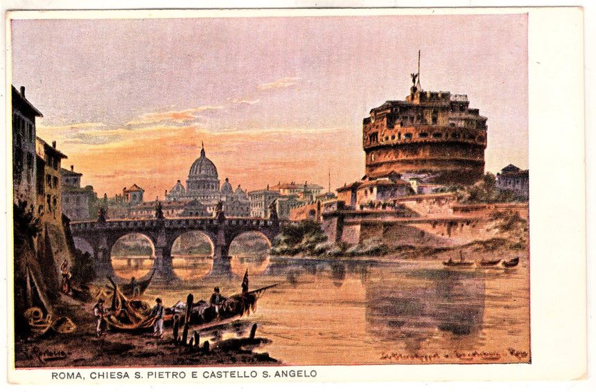 Cartolina antica Roma San Pietro e castello San Angelo