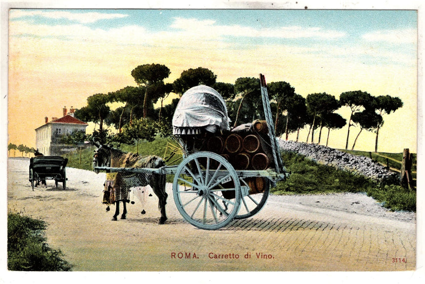 Cartolina antica Roma costumi carro trasporto vino