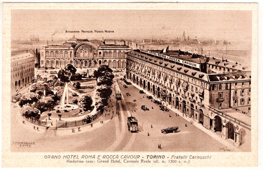 Cartolina antica Torino Gran Hotel Roma e rocca Cavour