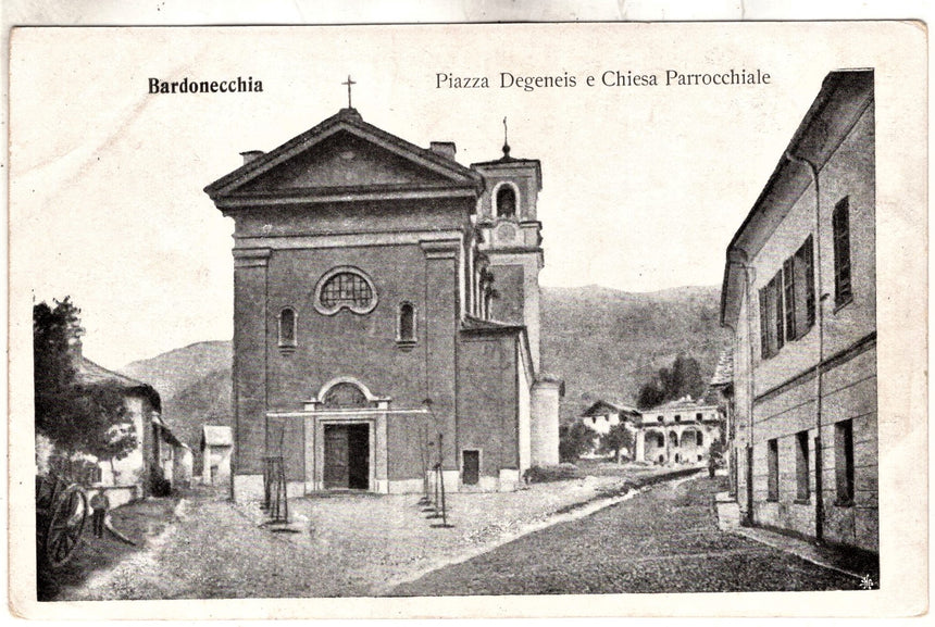 Cartolina antica Bardonecchia piazza Degeneia e chiesa Torino