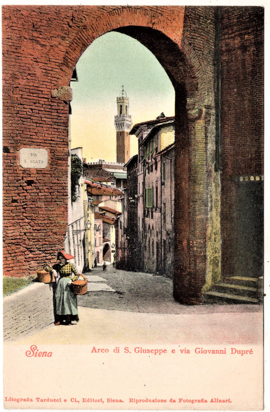 Cartolina antica Siena arco di San Giuseppe e via G. Duprè