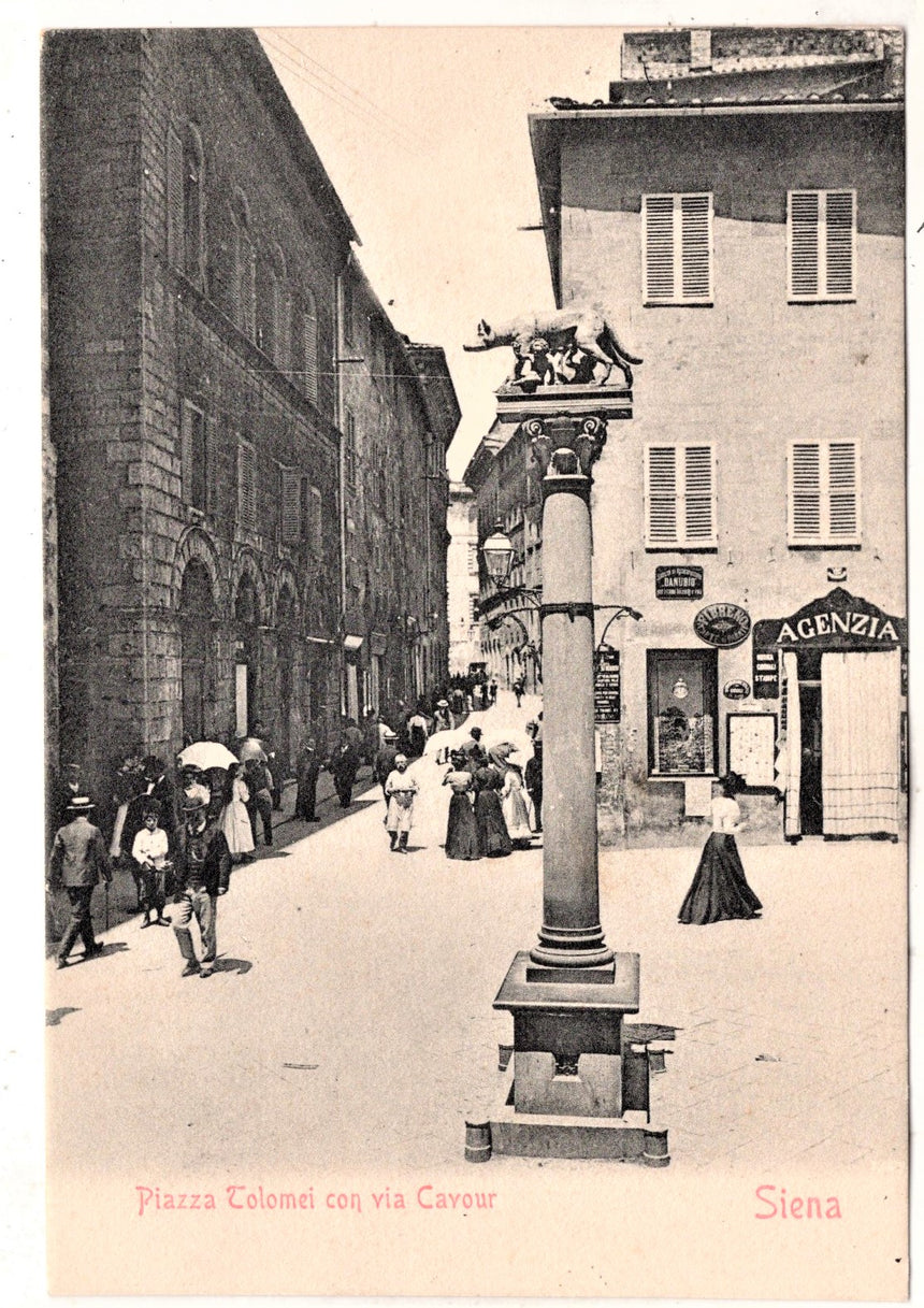 Cartolina antica Siena piazza Tolomei e via Cavour