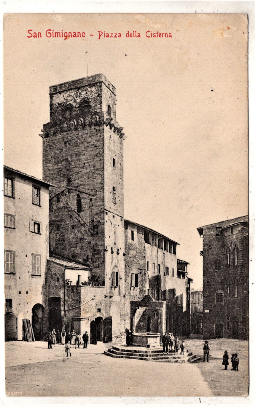 Cartolina antica San Gimignano piazza della Cisternai Siena