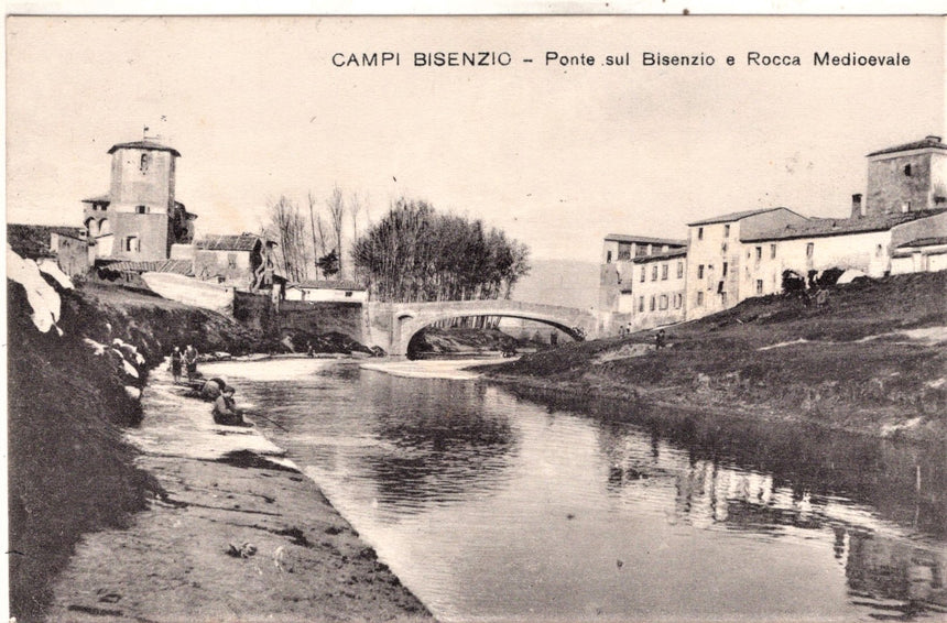 Cartolina antica Campi Bisenzio ponte e Rocca mediovale per Piacenza