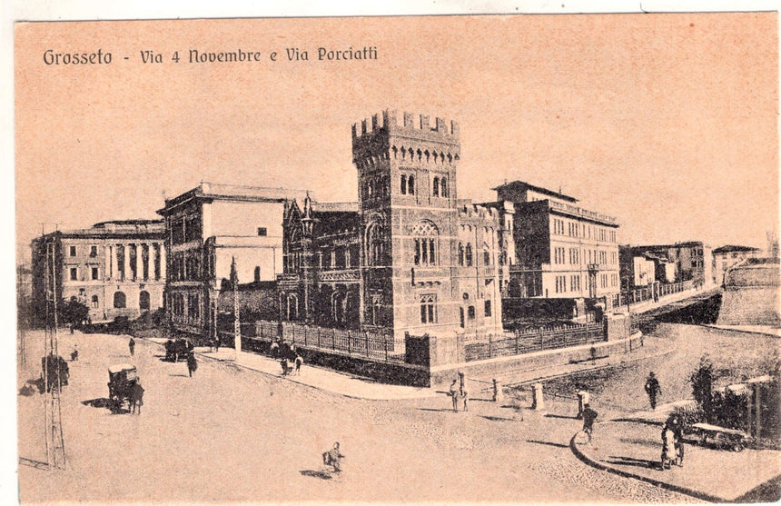 Cartolina antica Grosseto via 4 novembre e via Porciatti