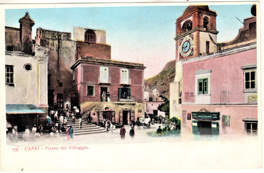 Cartolina antica Capri piazza del villaggio uff. telegrafico e caffè