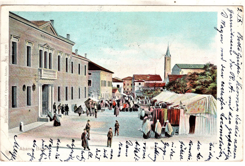 Cartolina antica Abano Bagni il mercato