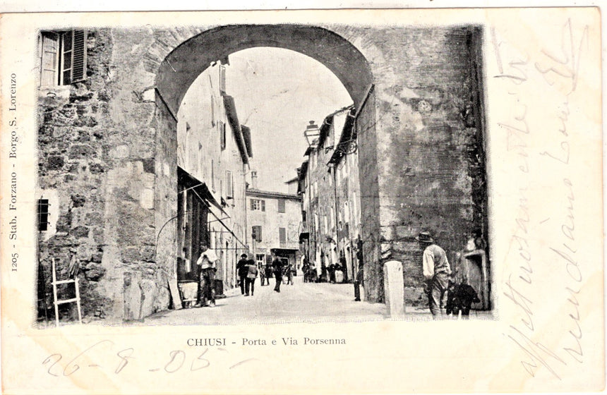 Cartolina antica Chiusi Porta e via Porsenna Siena