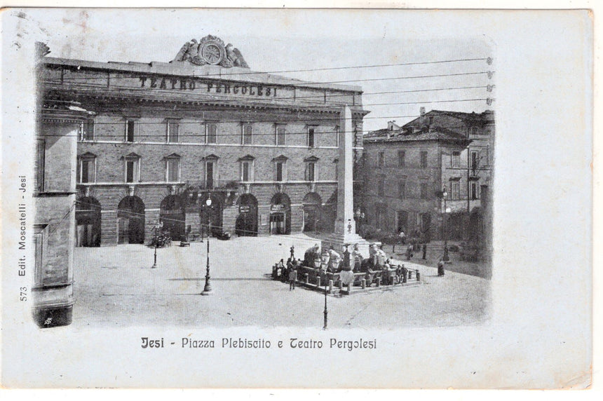 Cartolina antica Jesi Piazza Plebiscito e teatro Pergolesi Ancona