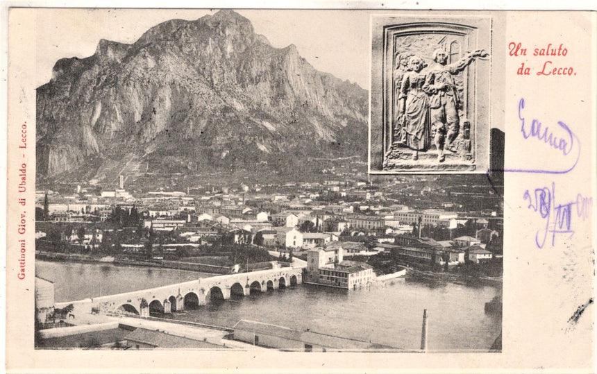 Cartolina antica Lecco un saluto Panorama