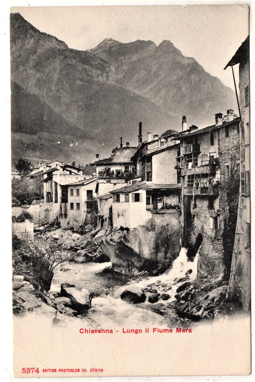 Cartolina antica Chiavenna lungo il fiume Mera Sondrio