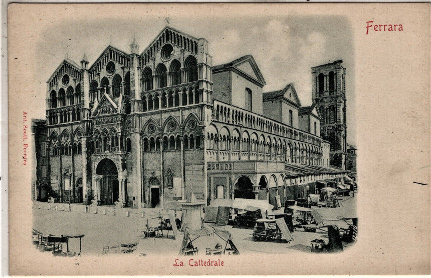 Cartolina antica Ferrara mercato alla Cattedrale